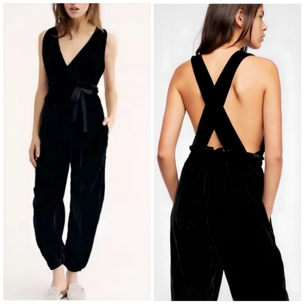 Free People Black All Natural Velvet Deep V Ribbon Tied Jumpsuit Size XS